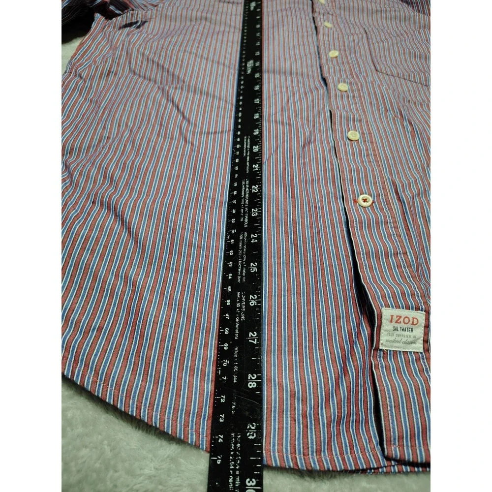 IZOD Shirt Men L Red/Blue Stripe Long Sleeve Preppy College Work Button‎ Down